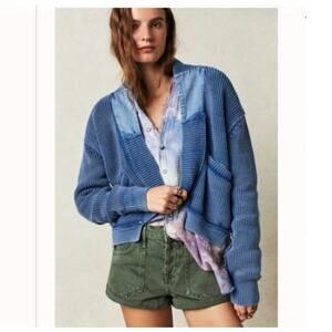 Free People We The Free Womens XS Blue Worn Thru Surplus Cardigan Sweater Ribbed